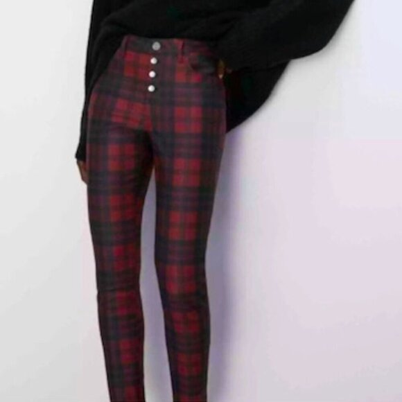 ZARA Red & Black Tartan Button Fly Mid-Rise Skinny Jeans – Size 6 – NWOT - Picture 4 of 9